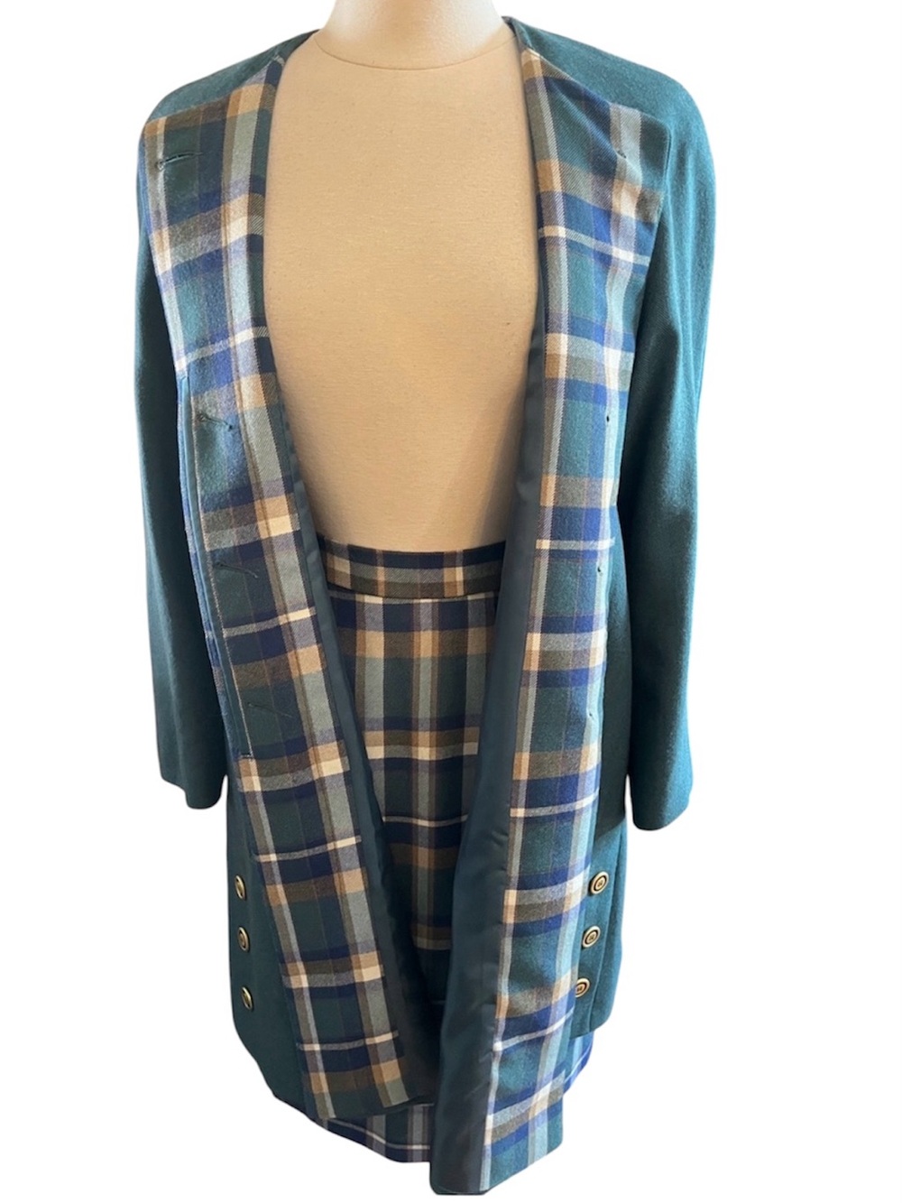 Vintage Avoca Wool Herringbone Pattern Coat multicolor Plaid Pencil Skirt Size S